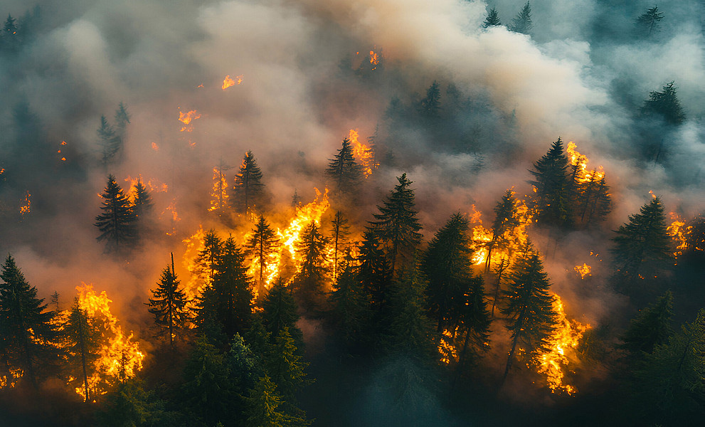 brennender Fichtenwald von oben, Flammen und Rauch