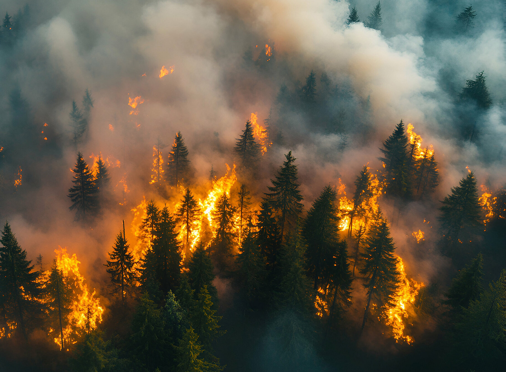 brennender Fichtenwald von oben, Flammen und Rauch ©Gustav - stock.adobe.com