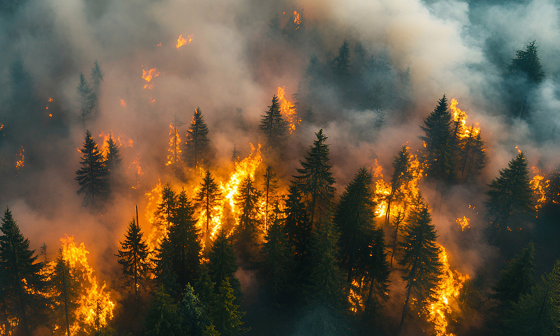 brennender Fichtenwald von oben, Flammen und Rauch