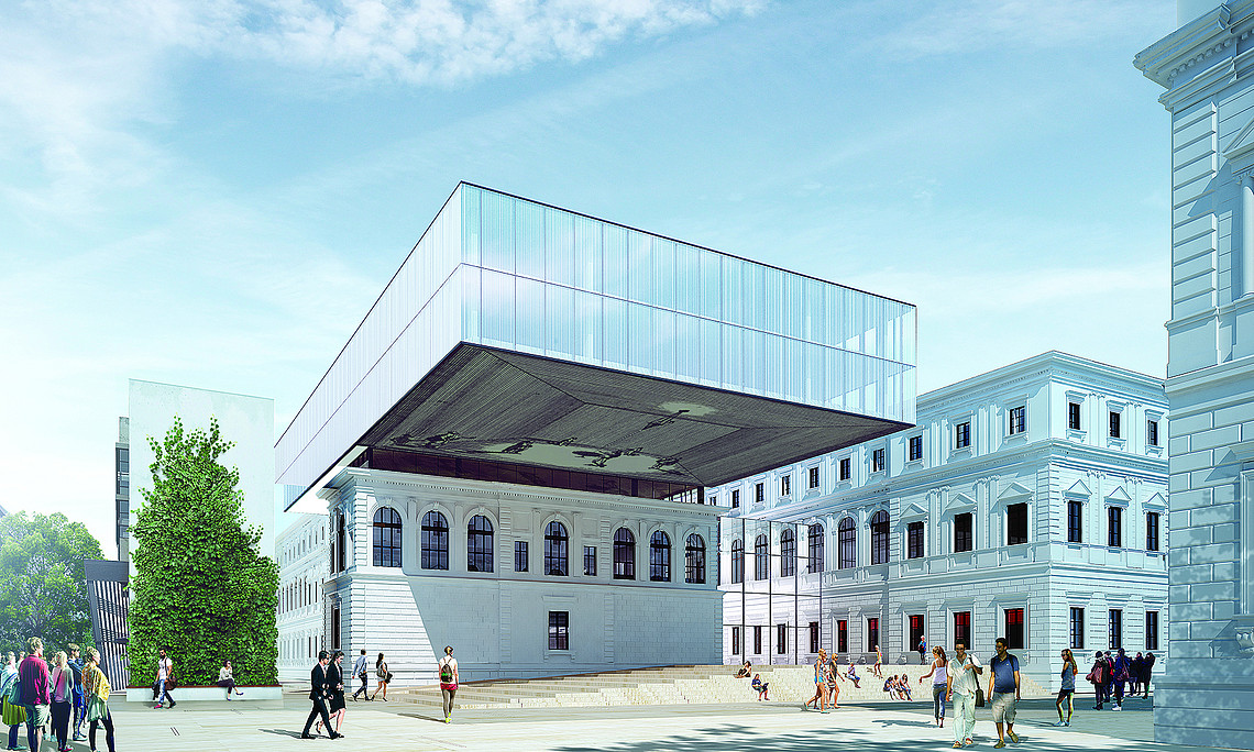 Modern, erweitert und aufsehenerregend: Mit Beginn des Wintersemesters 2019/2020 hat die Universitätsbibliothek Graz einen neuen, alten Standort. Rendering: BIG/Anna Artaker 