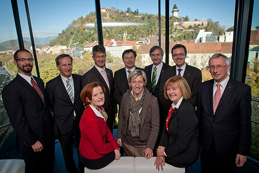 Feierten den ersten Geburstag: Günter Zullus (FH CAMPUS 02), Siegfried Barones (Kirchliche Pädagogische Hochschule Graz), Elgrid Messner (Pädagogische Hochschule Steiermark), Harald Kainz (TU Graz), Wilfried Eichlseder (Montanuni Leoben), Josef Smolle 