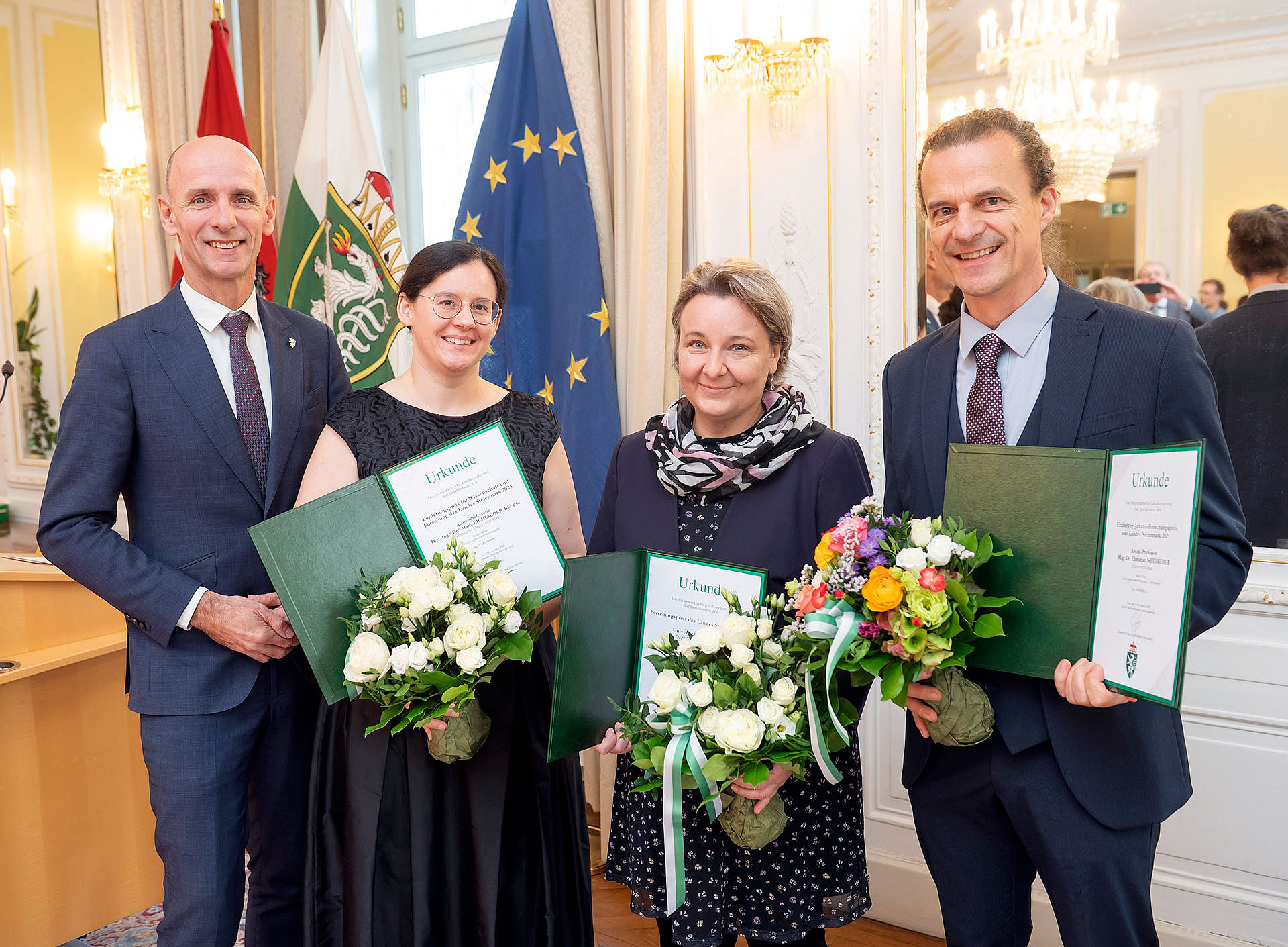 Verleihung der Forschungspreise des Landes Steiermark 2025: Willibald Ehrenhöfer, Maria Eichlseder, Katalin Barta Weissert, Christian Neuhuber (v.l.) ©Foto Fischer