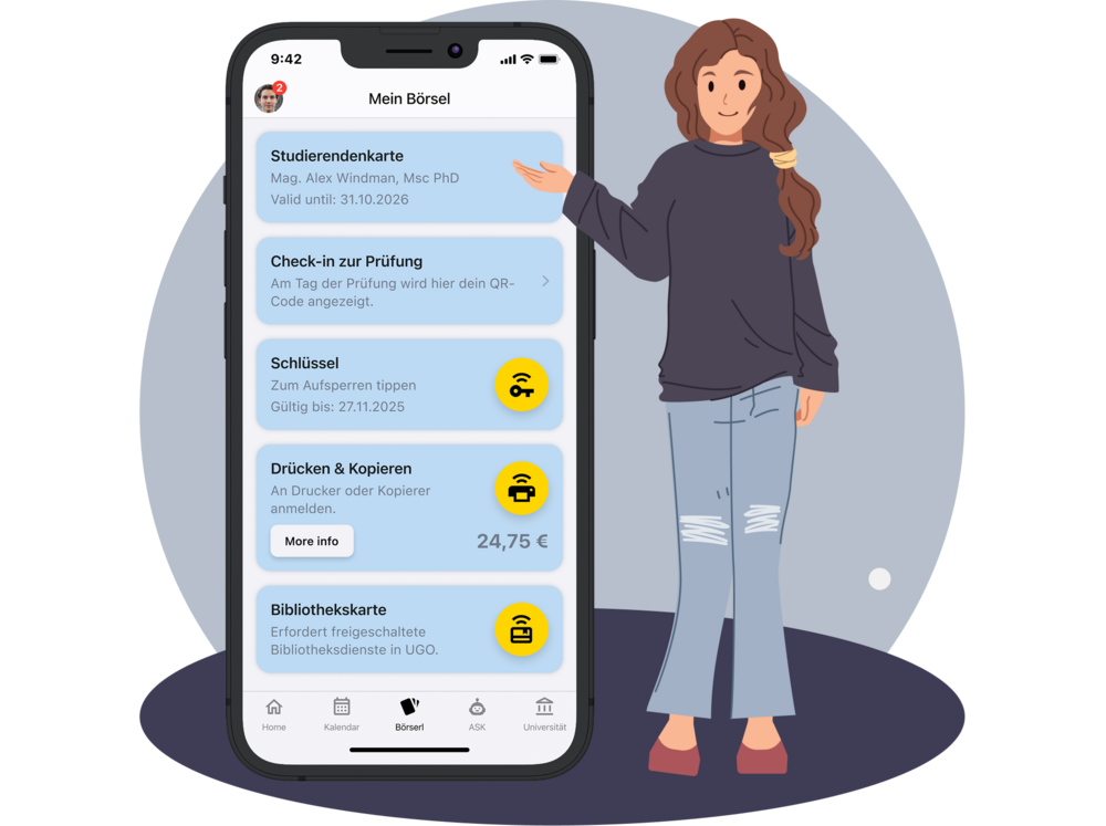 Illustration: Karla steht neben einem Smartphone das gleich groß ist, wie sie. Am Smartphone sind die Funktionalitäten der Studierendenkarte in youni abgebildet. 