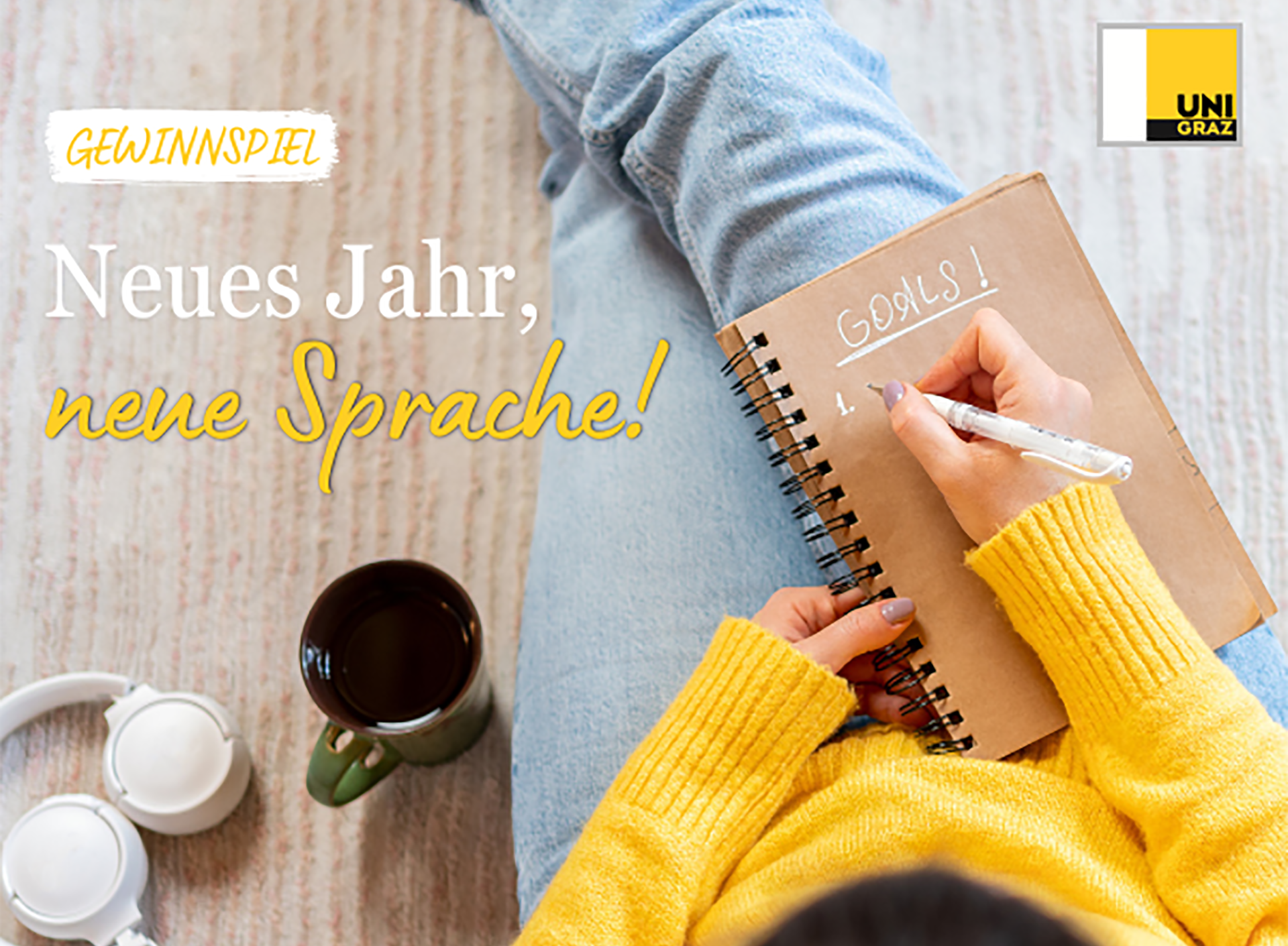 Schriftzug: Gewinnspiel, neues Jahr, neue Sprache ©Uni Graz/treffpunkt sprachen