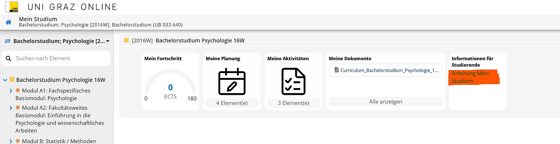 Screenshot "Mein Studium" mit Link zur Anleitung ©Universität Graz / UNIGRAZonline TU Graz / Campusonline