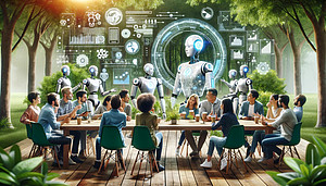 KI-generiertes Bild: Langer Tisch mit Personen, im Hintergrund sieht man Bäume und Roboter bzw. Symbole von KI & Technologie 
