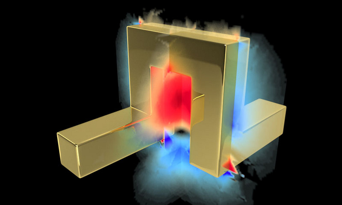 Lokale Dichte der chiralen Resonanzverschiebung nahe einer metallische Nanoantenne (Abbildung: S. Both, Universität Stuttgart).
