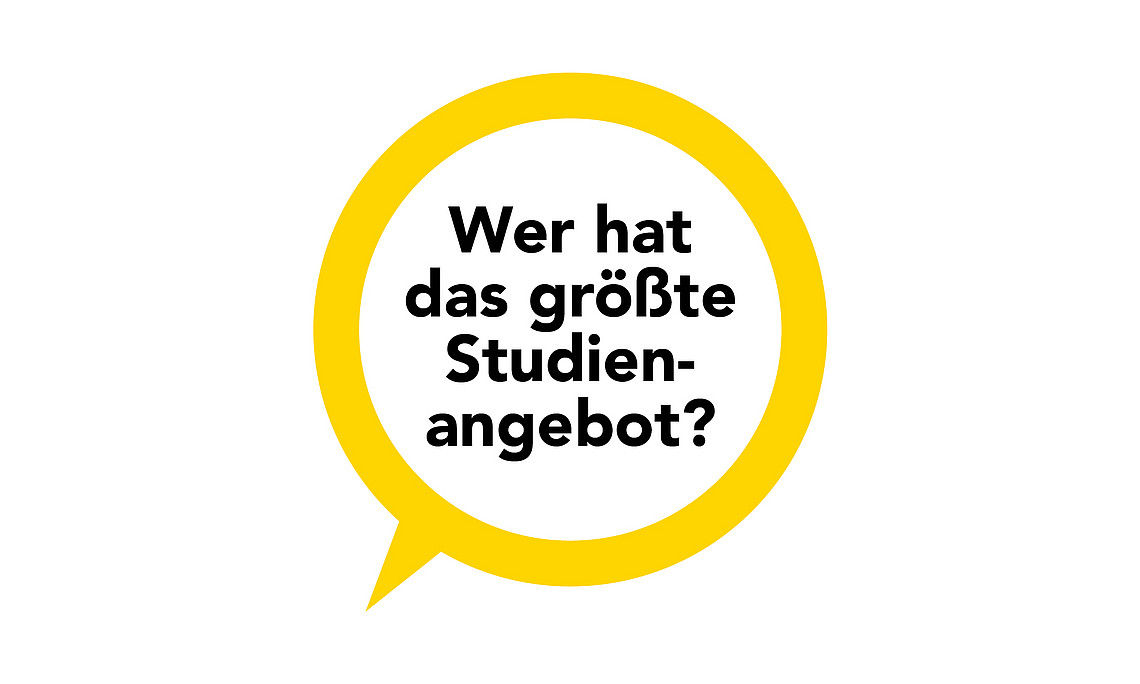 gelber Sprechblasenring mit der Frage: Wer hat das größte Studienangebot?