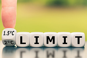 Symbol for limiting global warming: Finger turns a dice and changes the expression "2°C limit" to "1.5°C limit", or vice versa.