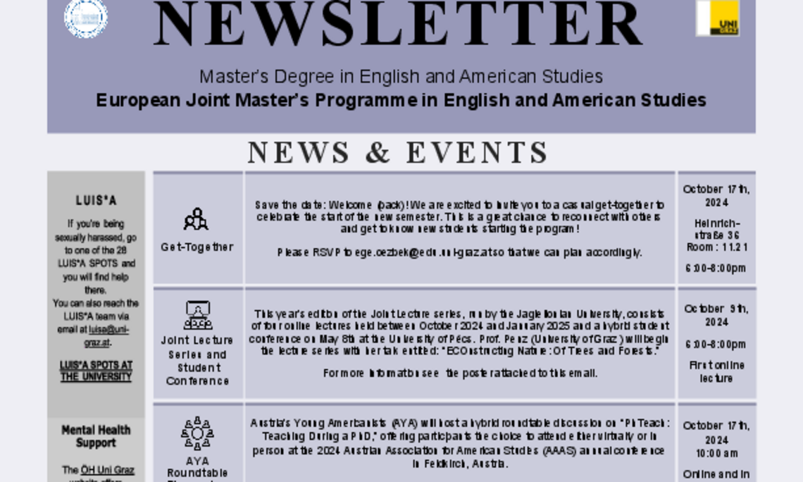 October Newsletter of the European Joint Master's Programme in English and American Studies