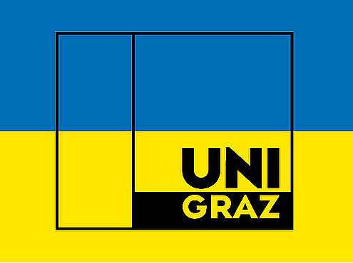 Uni Logo in den Farben der ukrainischen Flagge symbolisiert Zusatzqualifikationen ©https://refugees.uni-graz.at/de/