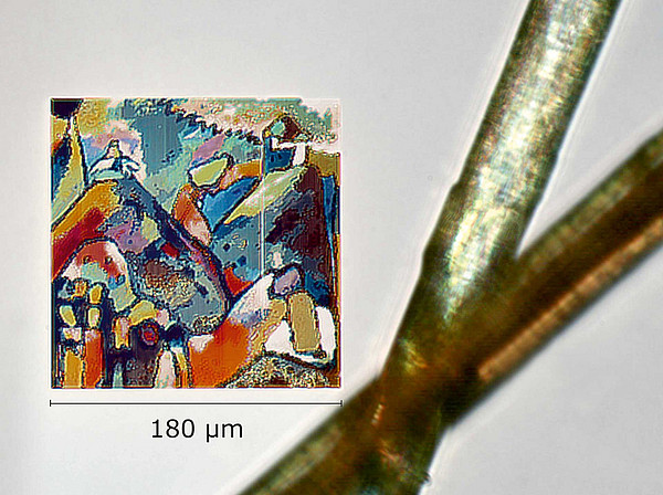 Eine 180 Mikrometer breite Reproduktion eines Gemäldes von Kandinsky, abgebildet neben einem menschlichen Haar 