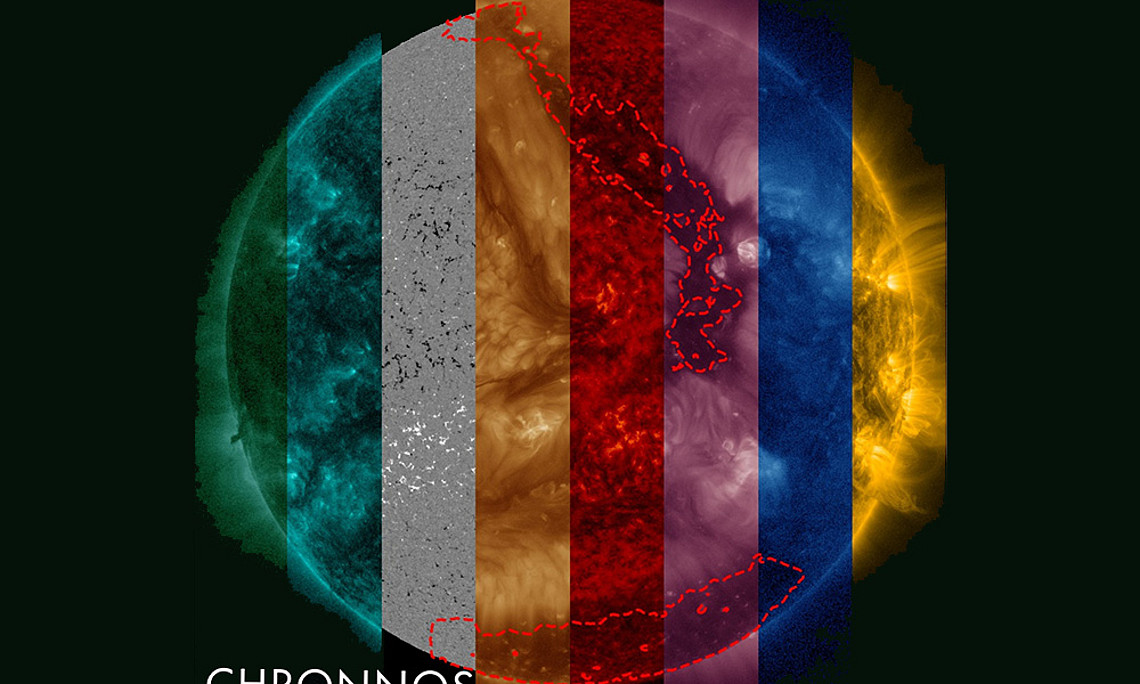 Die ForscherInnen haben die Sonne in unterschiedlichen Wellenlängen im ultravioletten Licht aufgenommen und mit Magnetfeldkarten kombiniert. Foto: CHRONNOS