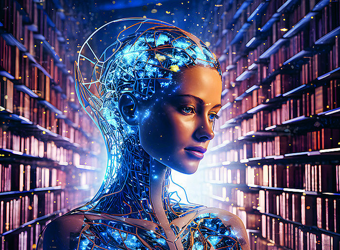 Humanoider Roboter in einer Bibliothek ©Midjourney (Prompts: Artificial intelligence, books, algorithms, university, students, future)