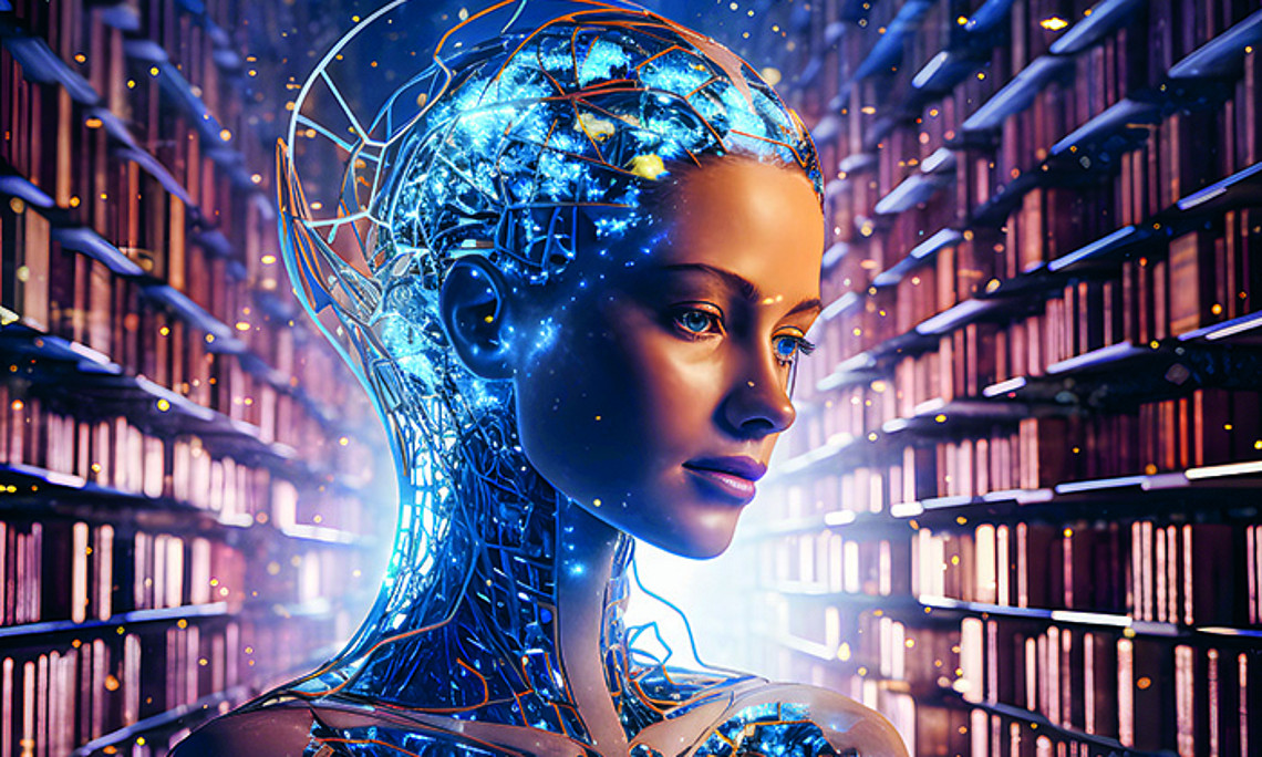 Humanoider Roboter in einer Bibliothek