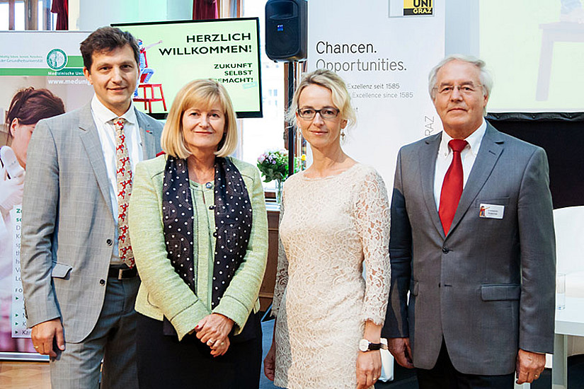 Die Ehrengäste Christof Sommitsch, Dekan der TU Graz, Christa Neuper, Rektorin der Uni Graz und Landtagsabgeordnete Alexandra Pichler-Jessenko mit Emmerich Wutschek, Geschäftsführer des Science Park Graz (v.l.). Fotos: SPG