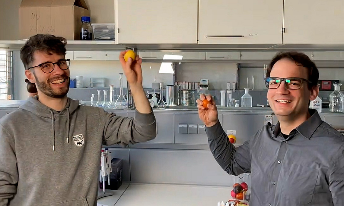 Die Schale verrät viel über die Widerstandsfähigkeit eines Eiers. Philipp Spitzer (rechts) und Michael Angele haben die Probe aufs Exempel gemacht. Foto: Uni Graz/Schweiger