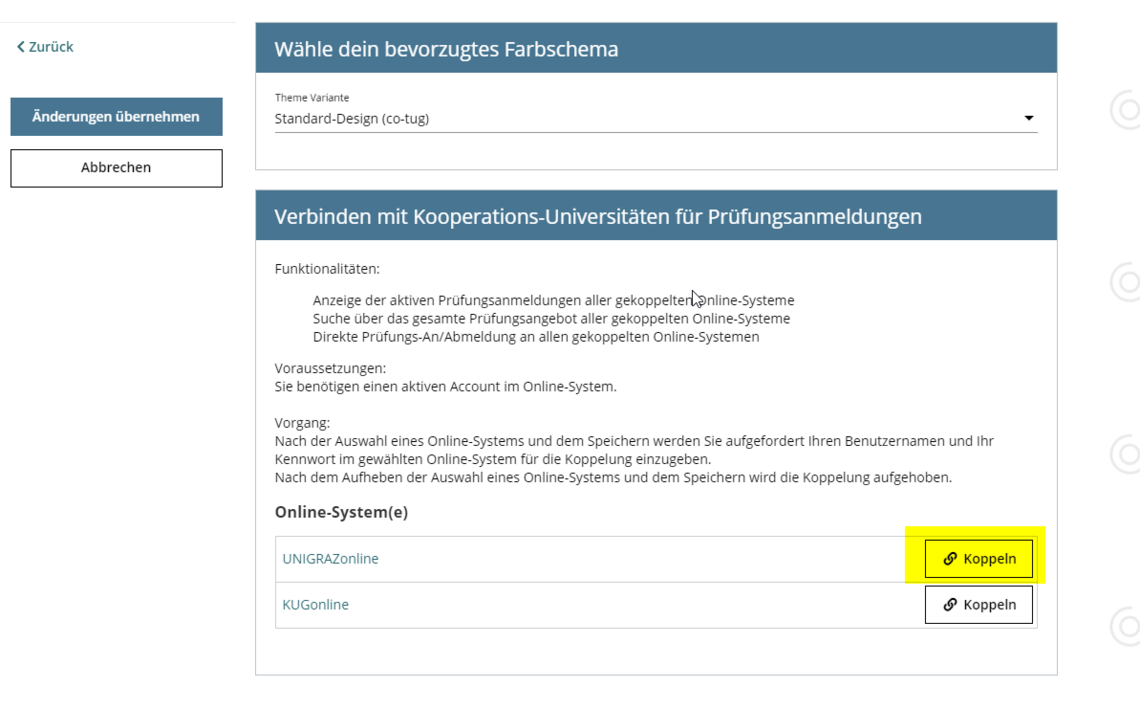 Screenshot Kopplung von Prüfungsanmeldungen
