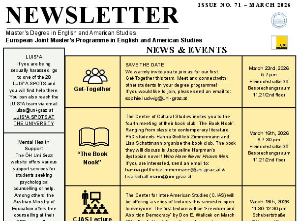 Monthly newsletter of the European Joint Masters Programme in English and American Studies for the month of March 2026 ©Uni Graz / Department of English Studies