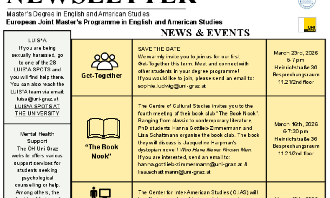 Monthly newsletter of the European Joint Masters Programme in English and American Studies for the month of March 2026