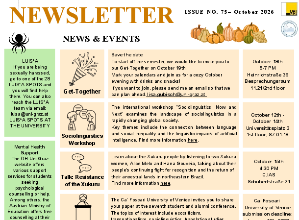 monthly newsletter of the European Joint Masters Programme in English and American Studies at the University of Graz October 2026 ©Uni Graz / Department of English Studies