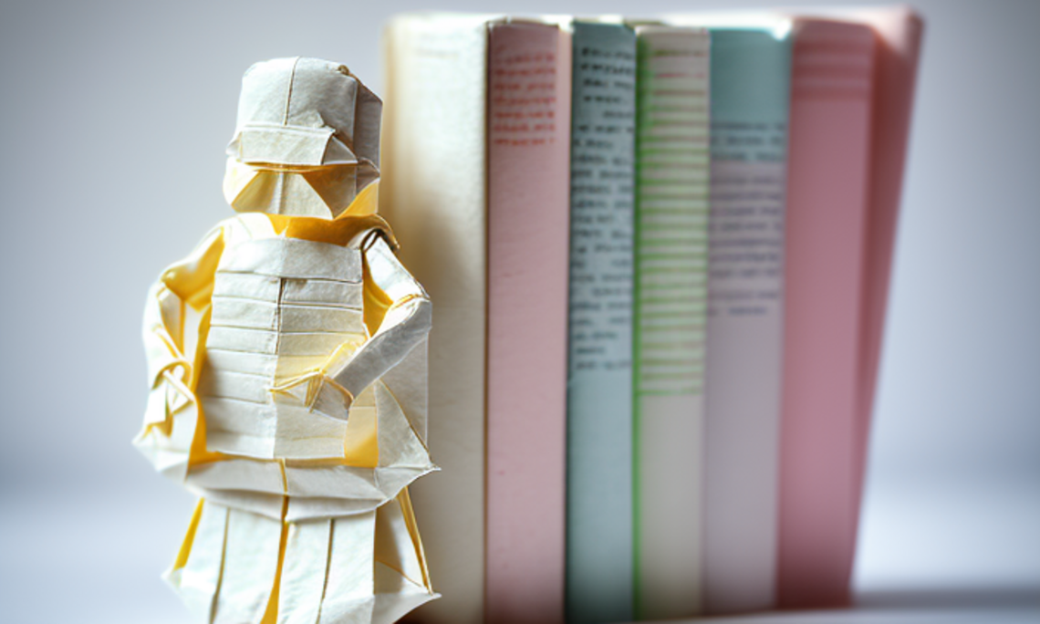 Figur mit einem Stapel Bücher