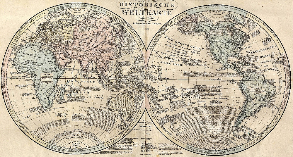 historische Weltkarte ©Le Sage Graf Las Cases. Karlsruhe. Bei Creuzbauer und Nöldeke 1829. – Scan von Olahus/commons.wikimedia.org