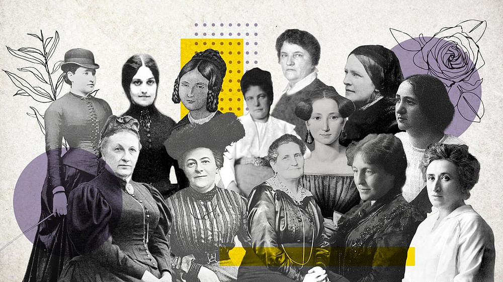Collage berühmter Frauen ©Jenny Hirsch: gemeinfrei (Wikipedia), Clara Zetkin: zur Verfügung gestellt von „International Institute of Social History“ 