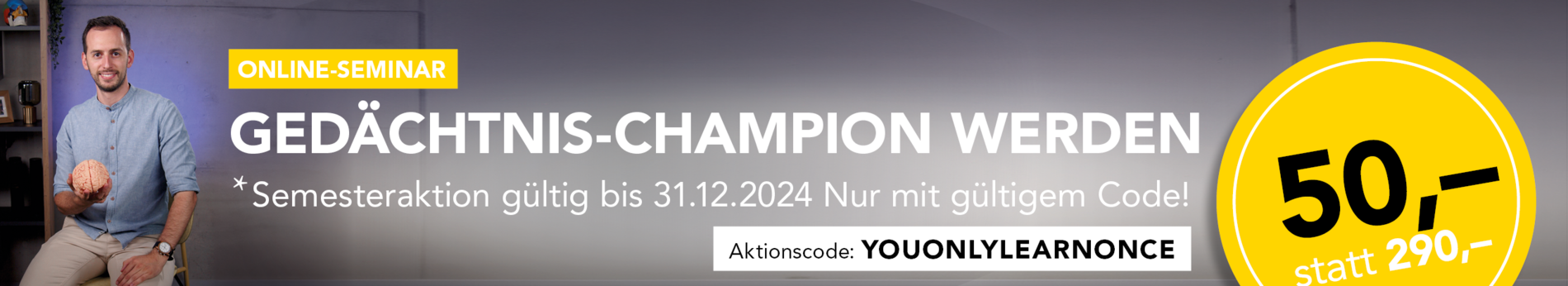 Aktions-Banner Online-Seminar Gedächstnis-Champion werden von UNI for LIFE 