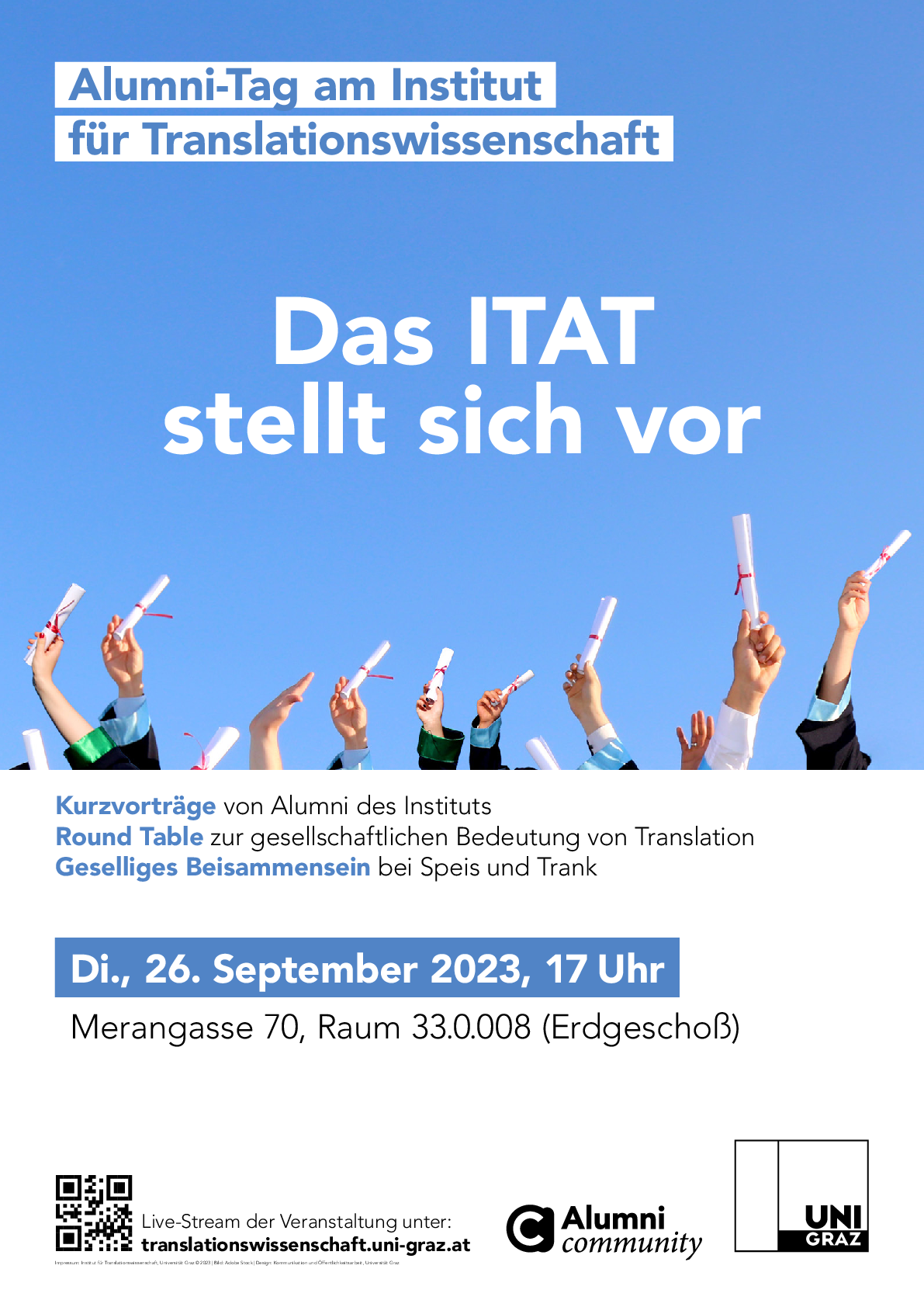 Poster zum Alumni-Tag am Institut für Translationswissenschaft am 26.09.2023 