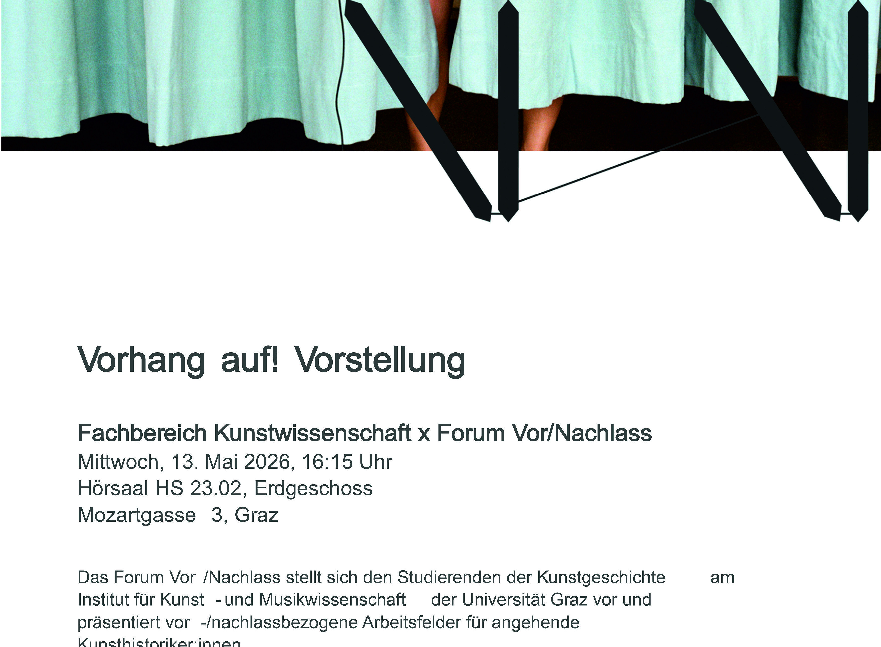Flyer der Veranstaltung Vorhang auf! ©Foto: Martina Stapf, self in curtain, aus der Serie: „no title (self with…), 2021 | © Bildrecht, Wien 2026.