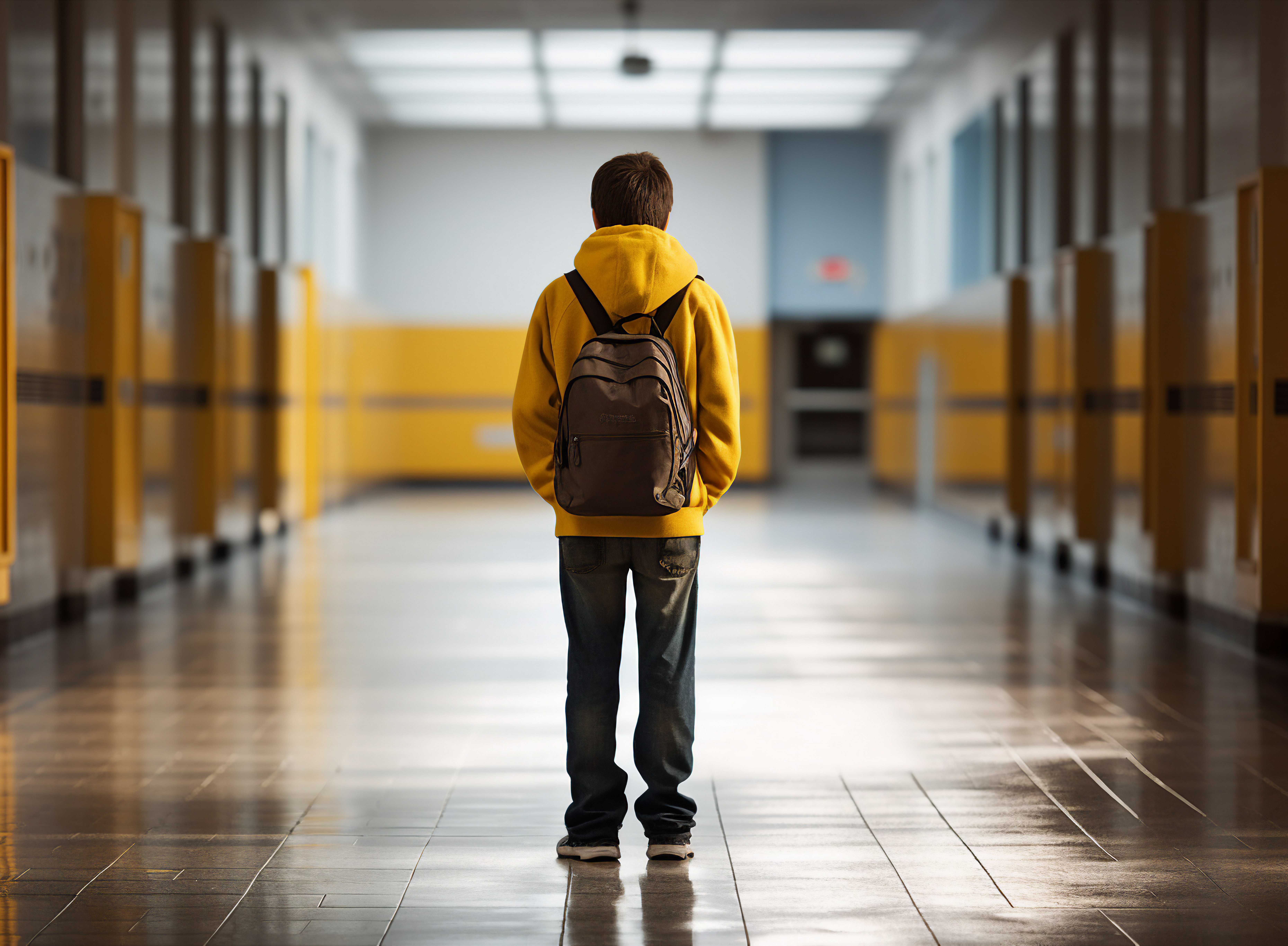 Bild von einem traurigen Jungen alleine in der Schule 