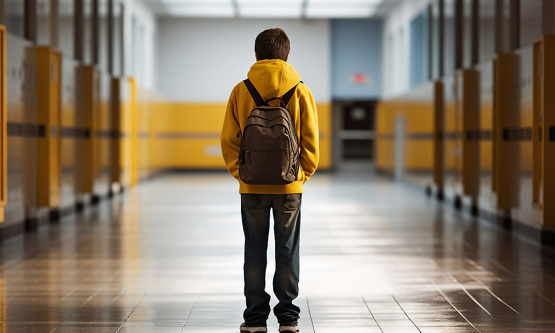Bild von einem traurigen Jungen alleine in der Schule