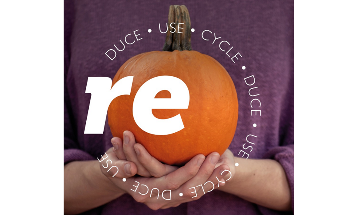 Person mit lila Pulli hält orangen Kürbis. Aufschrift im Kreis: RE - duce, use, cycle