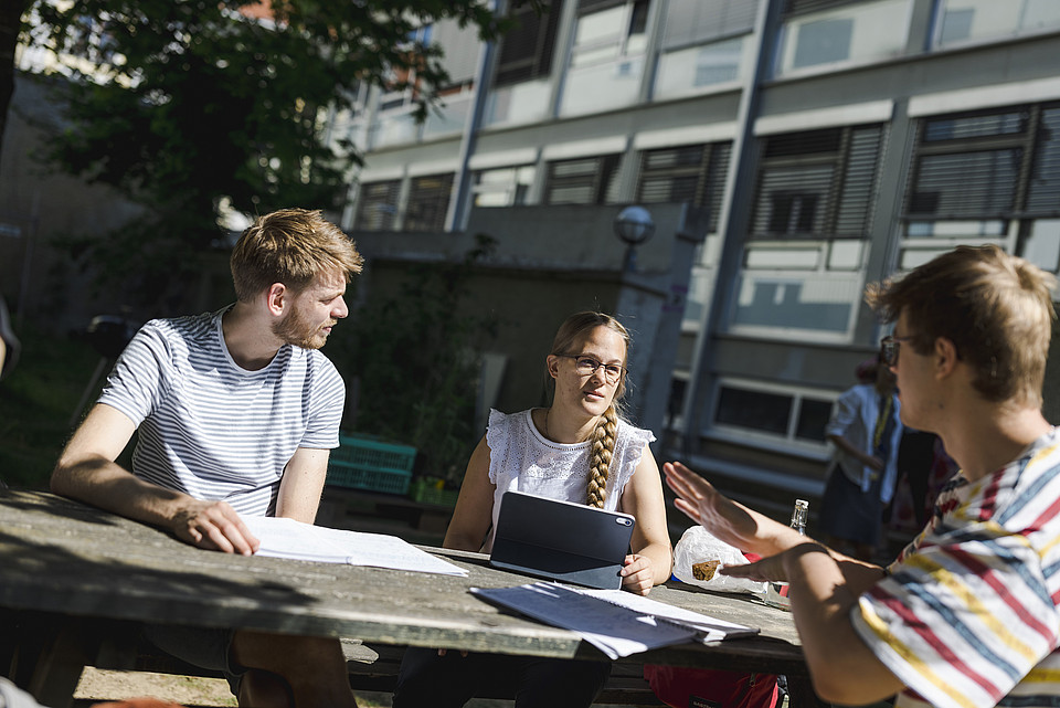 Studierende lernen im Freien auf einer Parbank