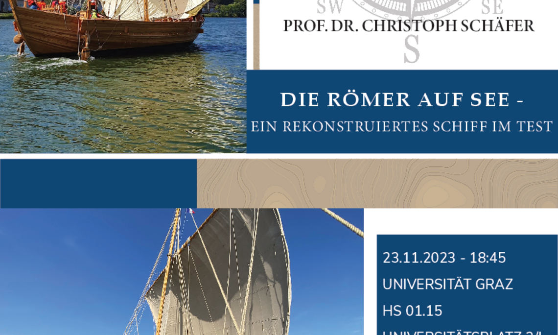 Plakat der Festveranstaltung; Foto eines rekonstruierten römischen Schiffs