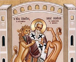 Ignatius of Antioch in Priestergewand zu sehen sind auch 2 Löwen die gleich neben ihm stehen 