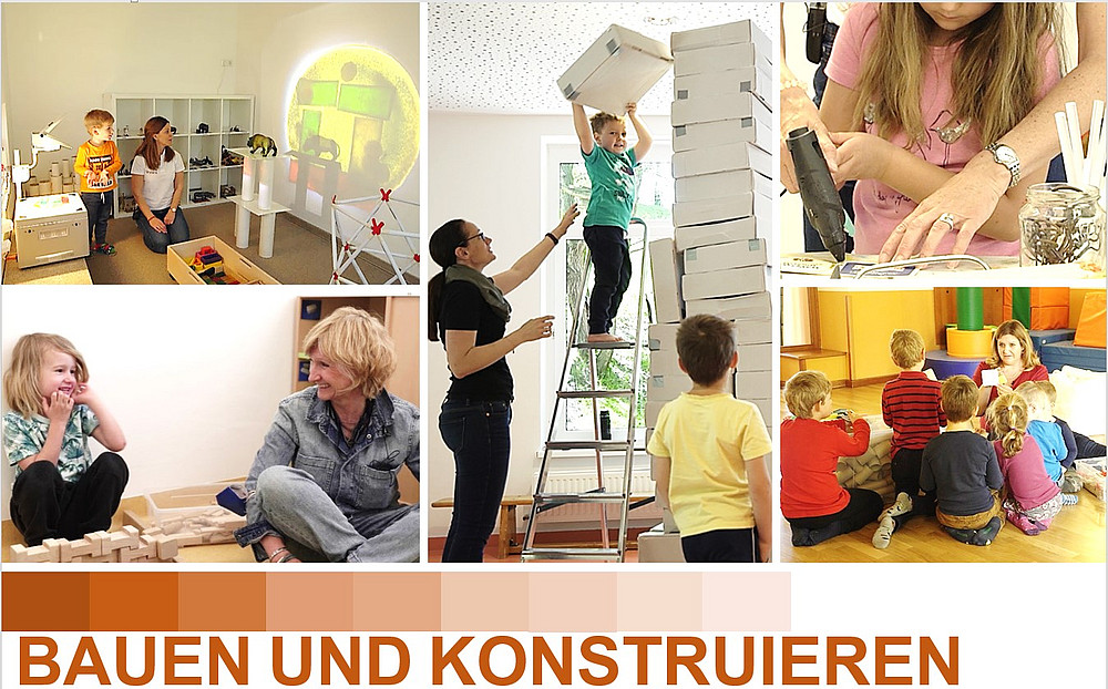 Kindergartenkinder am bauen und konstruieren mit Fachpersonen, Sujetbild Projekt Sprachschatz ©AB Elementarpädagogik