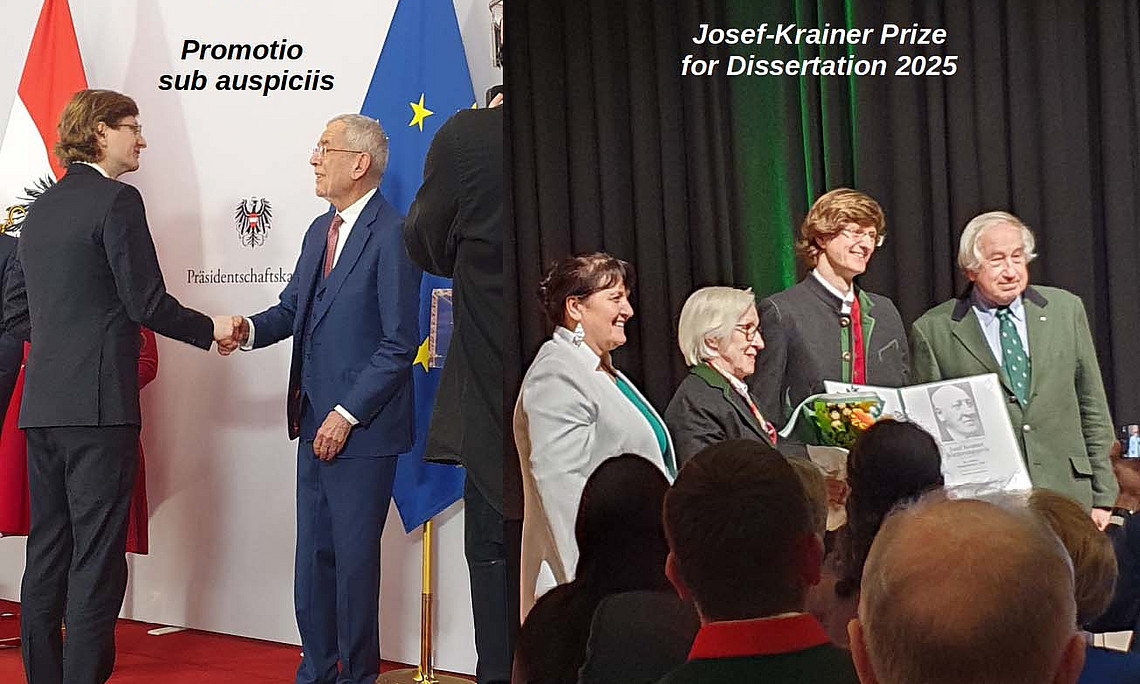 Left: Awarding of the Golden Ring of Honour by the Federal President, 17 March 2025. Right: Presentation of the Josef Krainer Förderungspreis, 12 November 2025. - Photos: Uni Graz / Puschnig