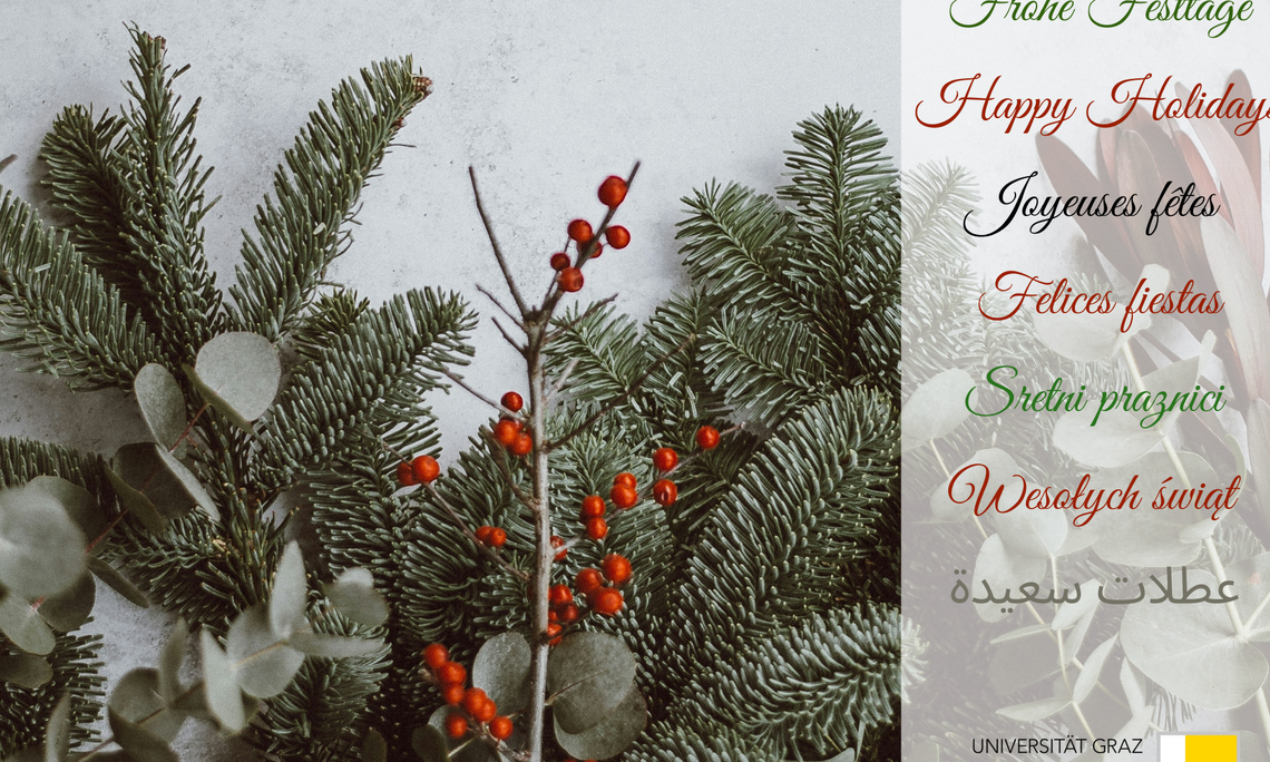 Weihnachliche Zweige und Weihnachtswünsche in verschiedenen Sprachen
