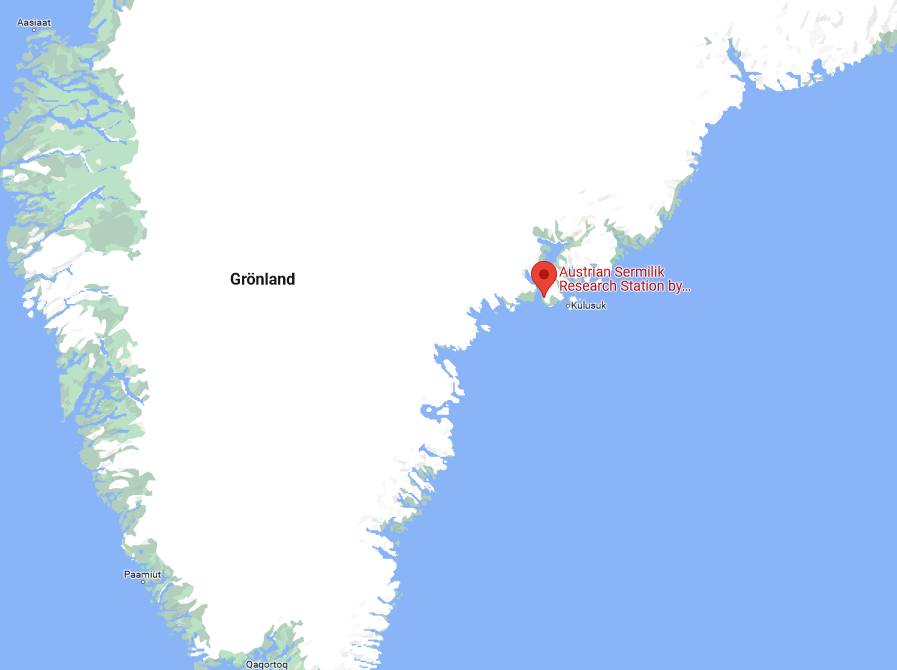 Die Koordinaten von Grönland auf einer Karte eingezeichnet 