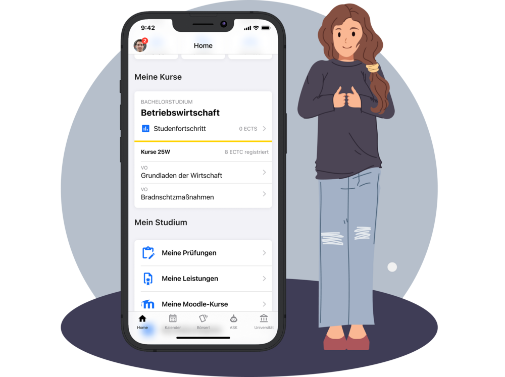 Illustration: Karla gibt Daumen hoch für die allgemeine Übersichtlichkeit der Kurse in youni. 