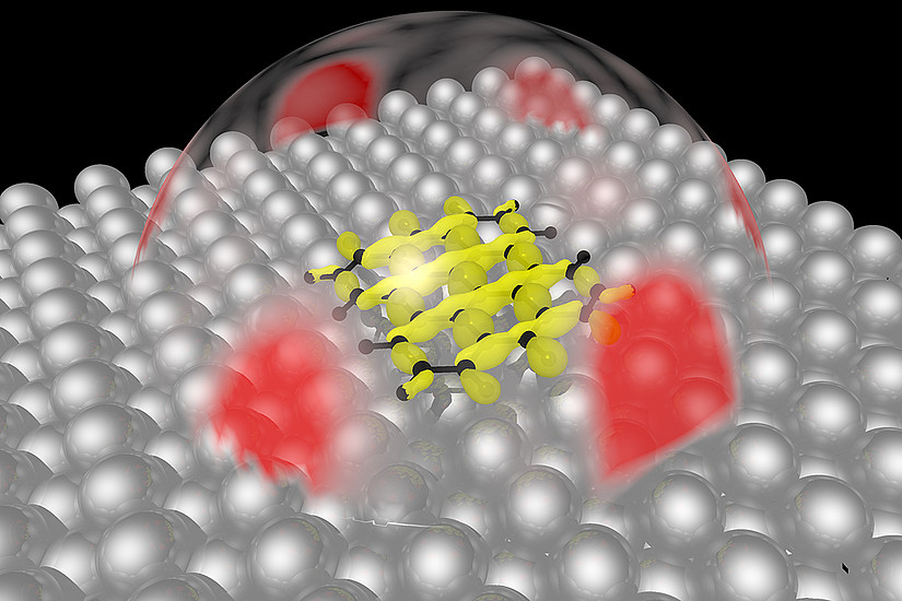 Illustration der Photoemissions-Orbital-Tomographie: Elektronen werden aus einem Sigma-Orbital (gelb) des Nanographene-Moleküls C28H14 (schwarz) herausgelöst, und deren Winkelverteilung wird gemessen (rot). Bild: P. Puschnig/Uni Graz
