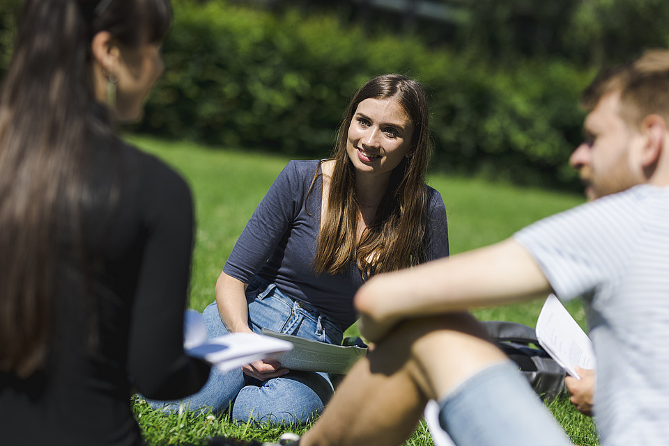Studierende sitzen im Stadtpark und lernen gemeinsam