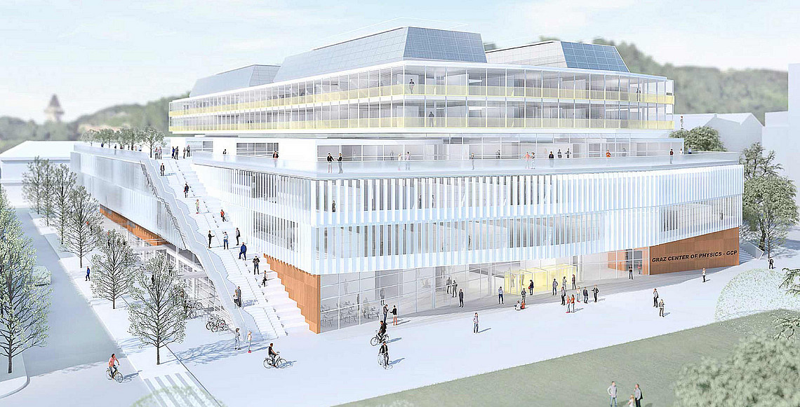 Image rendering of the future Graz Centre of Physics building on the campus of the University of Graz