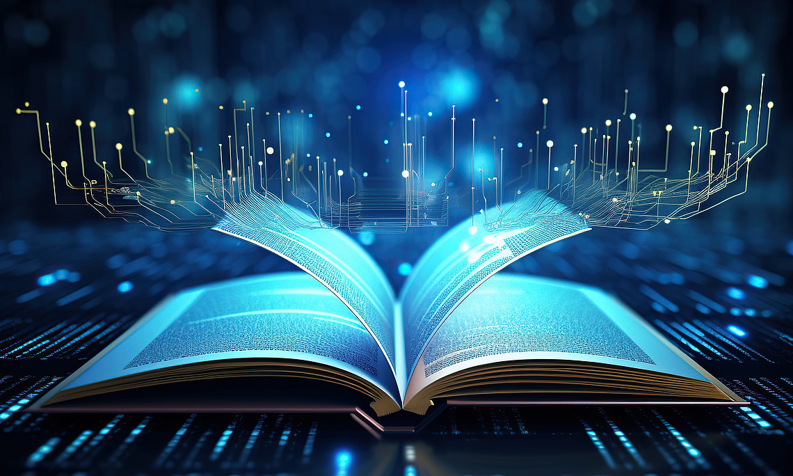 Modern digital book for learning in digital futuristic style. AI generated image