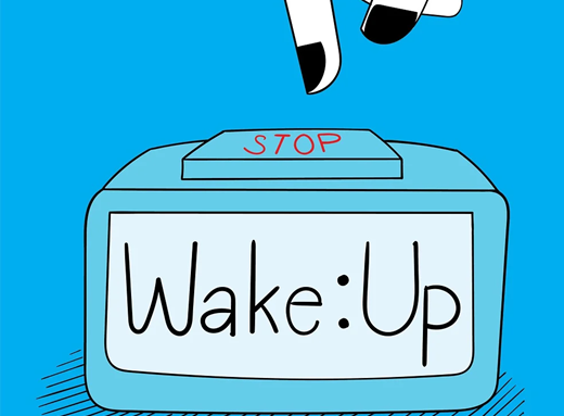 Eine Hand nähert sich einem Wecker mit der Aufschrift "Wake:Up" ©Pixabay