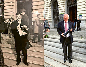 Ein Mann bei seiner Promotion als junger Mann und bei seiner Sponsion in seinen 70ern ©beigestellt