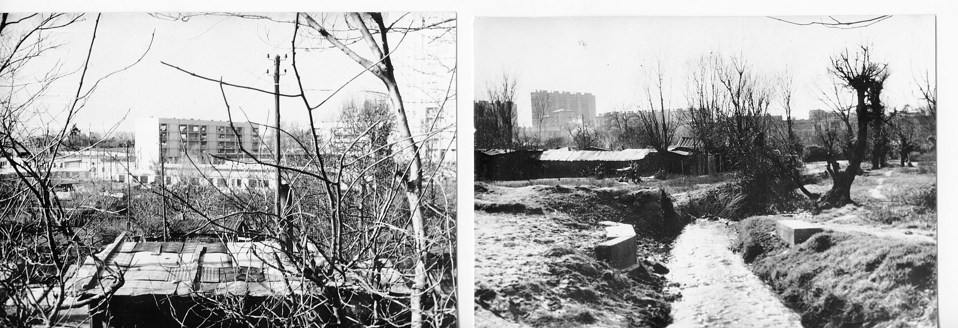 Dieses Foto zeigt ein Schwarz-Weiß-Bild mit zwei nebeneinander angeordneten Fotos: links eine Stadtansicht mit kahlen Bäumen und Gebäuden im Hintergrund, rechts eine ländliche Szene mit einem Bach, schlammigem Boden und provisorischen Hütten. ©Pierre Gallocher