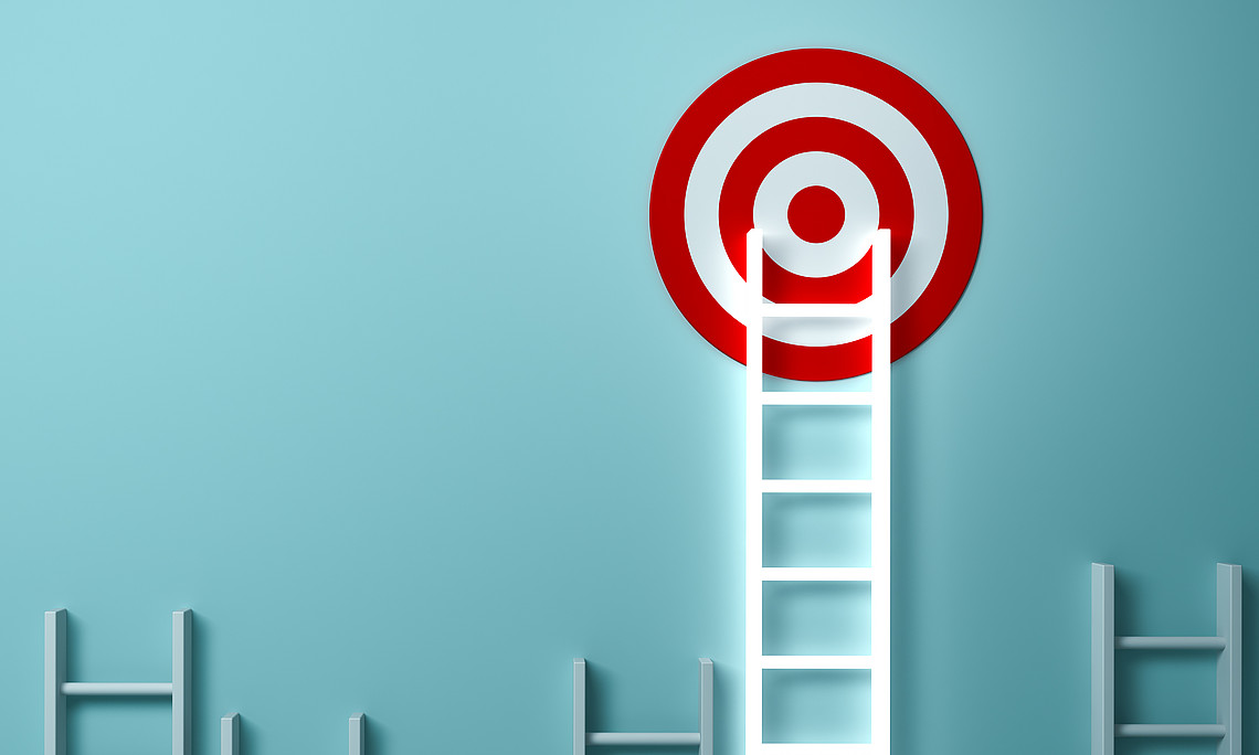 Stand out from the crowd and different creative idea concepts , Longest light ladder glowing and aiming high to goal target among other short ladders on green background with shadows . 3D rendering.